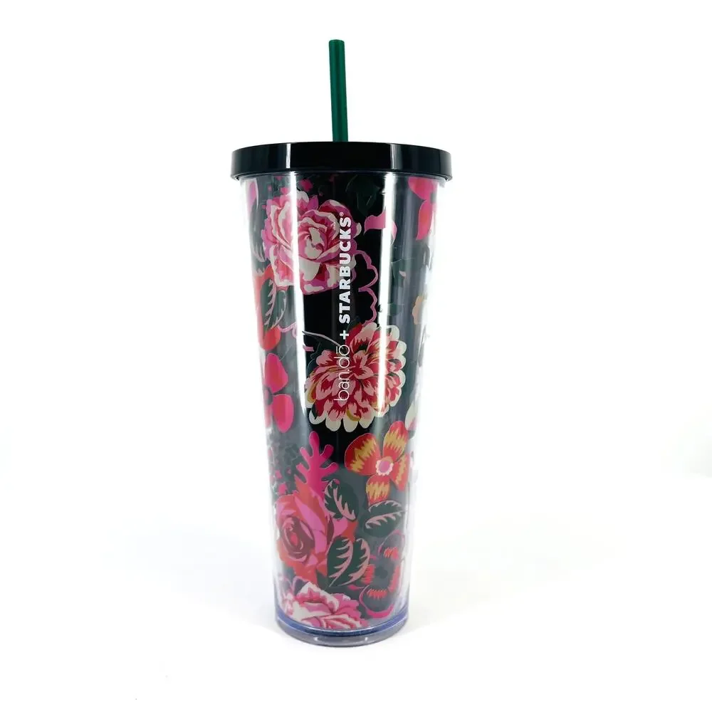 Starbucks X Ban.do Floral Rose Cold Cup Tumbler 24 oz Black Pink Straw Travel